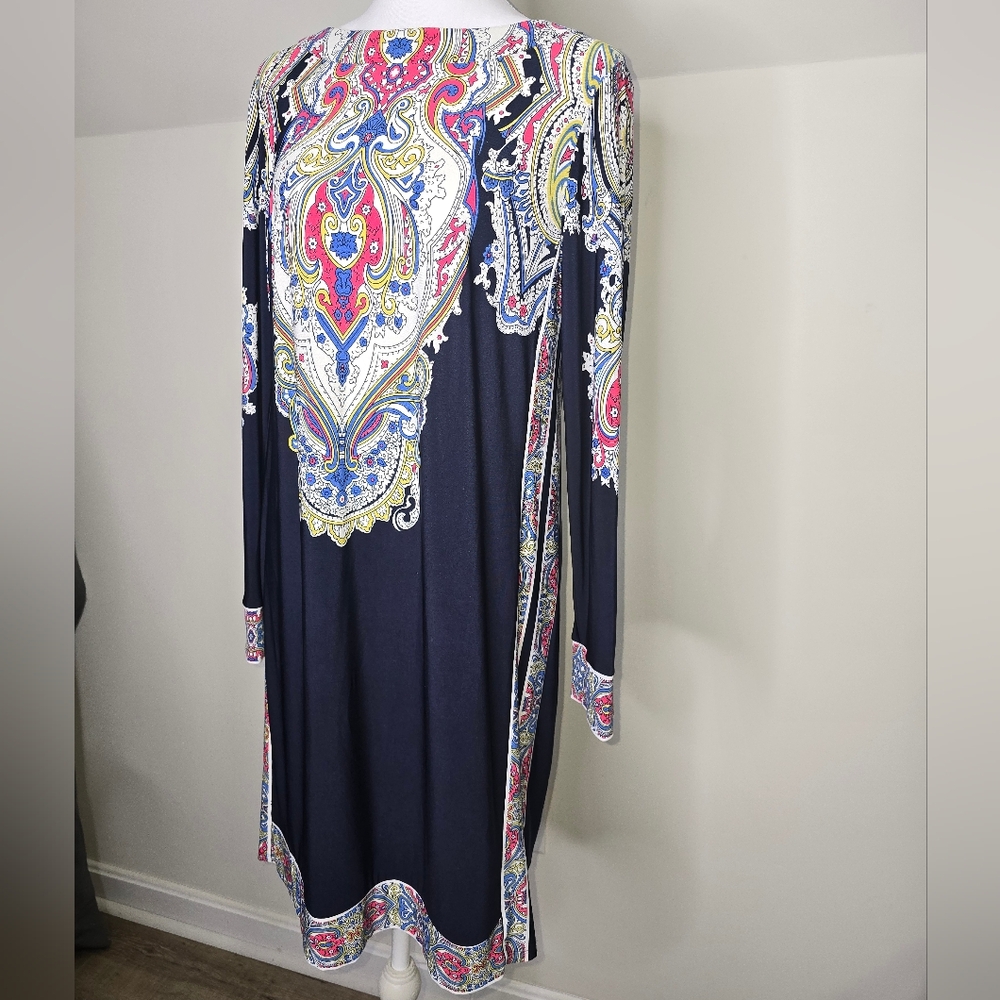 Donna Morgan Paisley Shift Dress Womens 10 Long Sleeve Navy Pink Stretch Career